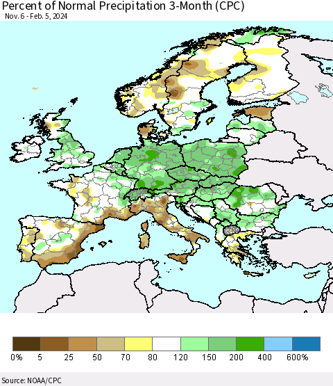 Europe Percent of Normal Precipitation 3-Month (CPC) Thematic Map For 11/6/2023 - 2/5/2024