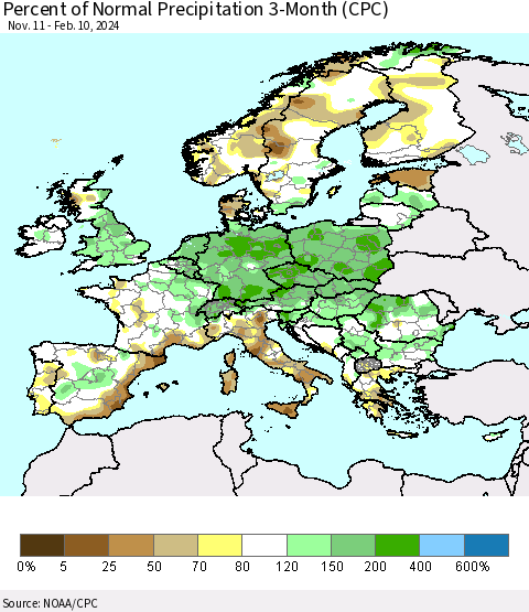 Europe Percent of Normal Precipitation 3-Month (CPC) Thematic Map For 11/11/2023 - 2/10/2024