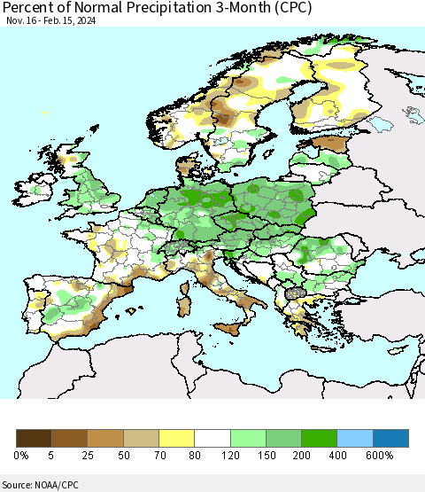 Europe Percent of Normal Precipitation 3-Month (CPC) Thematic Map For 11/16/2023 - 2/15/2024