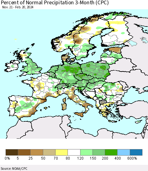 Europe Percent of Normal Precipitation 3-Month (CPC) Thematic Map For 11/21/2023 - 2/20/2024