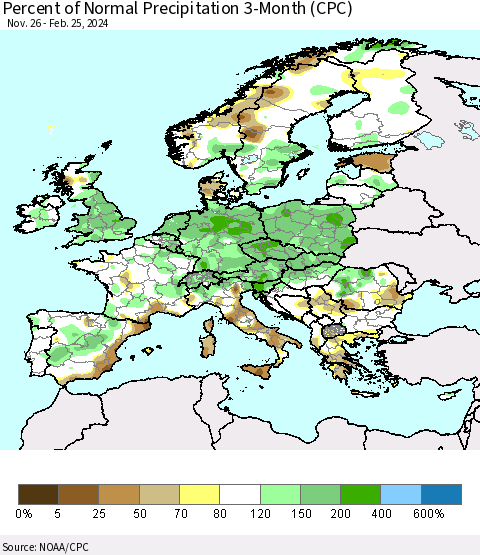 Europe Percent of Normal Precipitation 3-Month (CPC) Thematic Map For 11/26/2023 - 2/25/2024