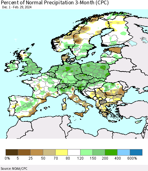Europe Percent of Normal Precipitation 3-Month (CPC) Thematic Map For 12/1/2023 - 2/29/2024