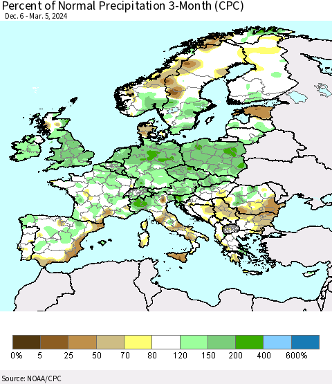 Europe Percent of Normal Precipitation 3-Month (CPC) Thematic Map For 12/6/2023 - 3/5/2024