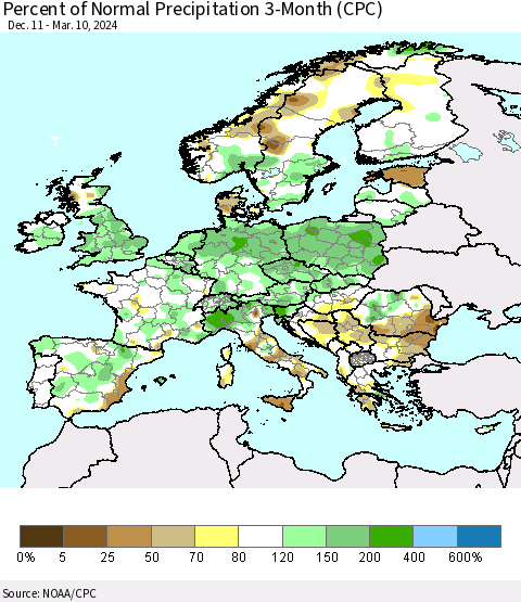 Europe Percent of Normal Precipitation 3-Month (CPC) Thematic Map For 12/11/2023 - 3/10/2024