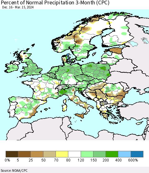 Europe Percent of Normal Precipitation 3-Month (CPC) Thematic Map For 12/16/2023 - 3/15/2024