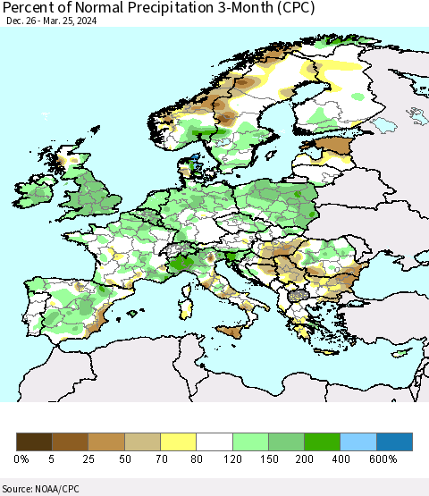 Europe Percent of Normal Precipitation 3-Month (CPC) Thematic Map For 12/26/2023 - 3/25/2024