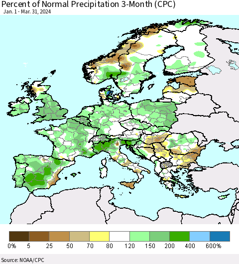 Europe Percent of Normal Precipitation 3-Month (CPC) Thematic Map For 1/1/2024 - 3/31/2024