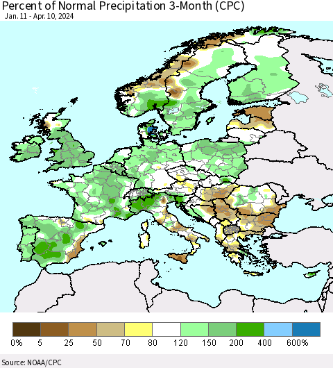 Europe Percent of Normal Precipitation 3-Month (CPC) Thematic Map For 1/11/2024 - 4/10/2024