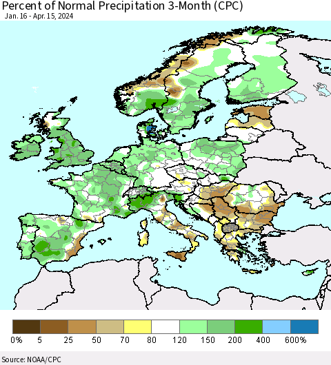 Europe Percent of Normal Precipitation 3-Month (CPC) Thematic Map For 1/16/2024 - 4/15/2024