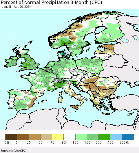 Europe Percent of Normal Precipitation 3-Month (CPC) Thematic Map For 1/21/2024 - 4/20/2024