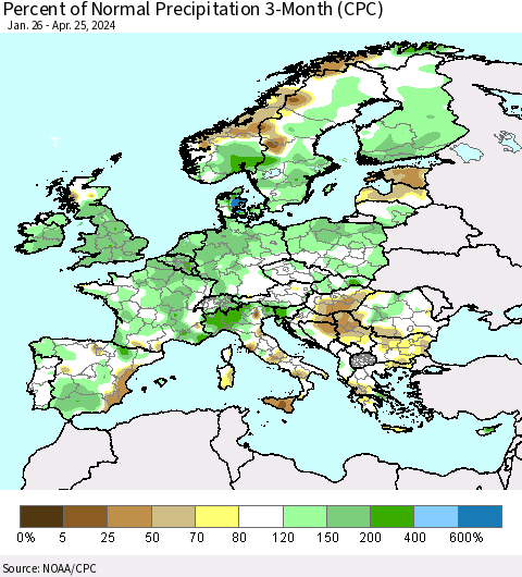 Europe Percent of Normal Precipitation 3-Month (CPC) Thematic Map For 1/26/2024 - 4/25/2024