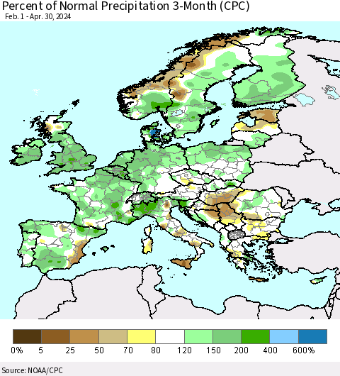 Europe Percent of Normal Precipitation 3-Month (CPC) Thematic Map For 2/1/2024 - 4/30/2024