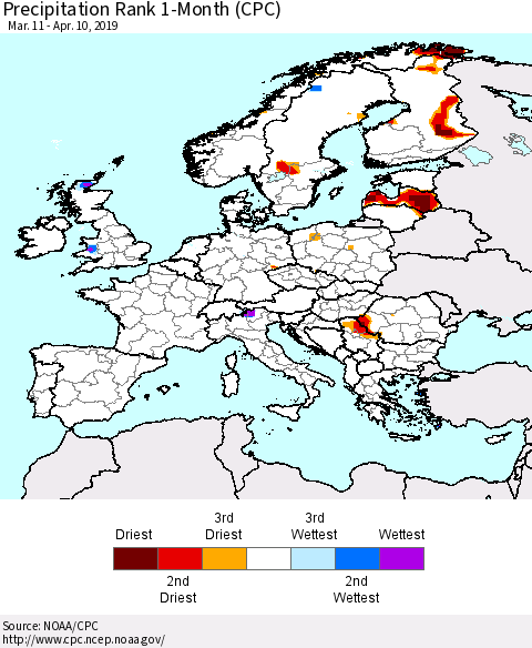 Europe Precipitation Rank 1-Month (CPC) Thematic Map For 3/11/2019 - 4/10/2019