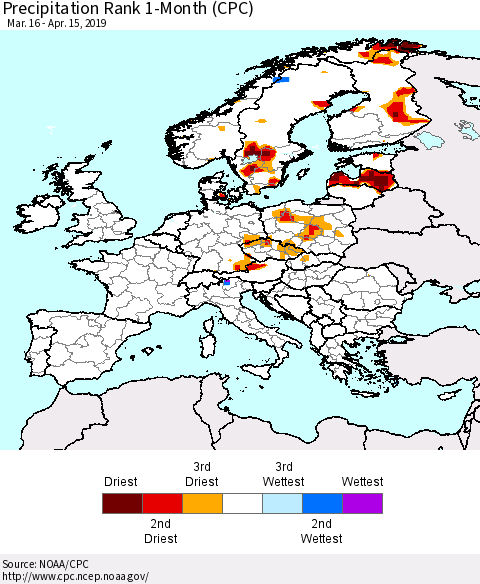 Europe Precipitation Rank 1-Month (CPC) Thematic Map For 3/16/2019 - 4/15/2019