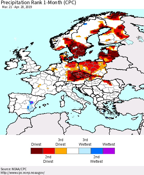 Europe Precipitation Rank since 1981, 1-Month (CPC) Thematic Map For 3/21/2019 - 4/20/2019