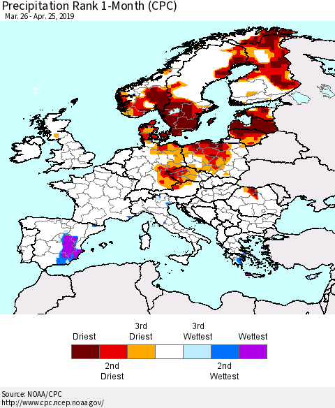 Europe Precipitation Rank since 1981, 1-Month (CPC) Thematic Map For 3/26/2019 - 4/25/2019