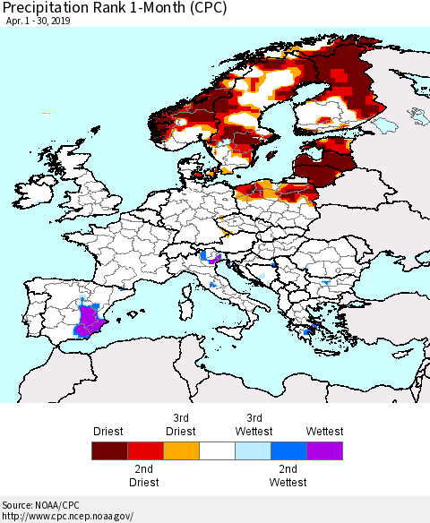 Europe Precipitation Rank 1-Month (CPC) Thematic Map For 4/1/2019 - 4/30/2019