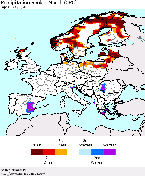 Europe Precipitation Rank 1-Month (CPC) Thematic Map For 4/6/2019 - 5/5/2019