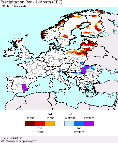 Europe Precipitation Rank 1-Month (CPC) Thematic Map For 4/11/2019 - 5/10/2019