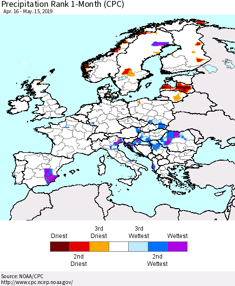 Europe Precipitation Rank 1-Month (CPC) Thematic Map For 4/16/2019 - 5/15/2019