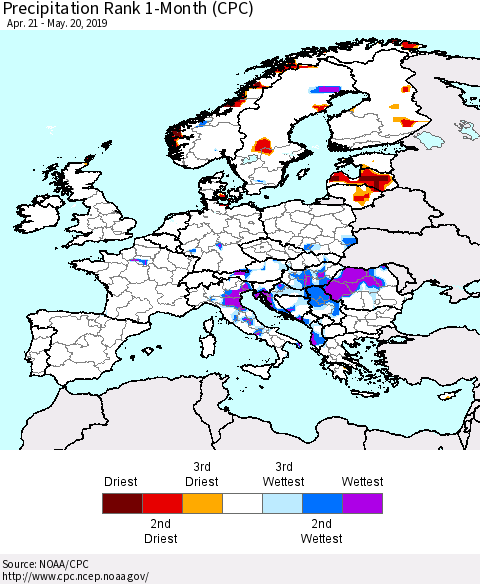 Europe Precipitation Rank 1-Month (CPC) Thematic Map For 4/21/2019 - 5/20/2019