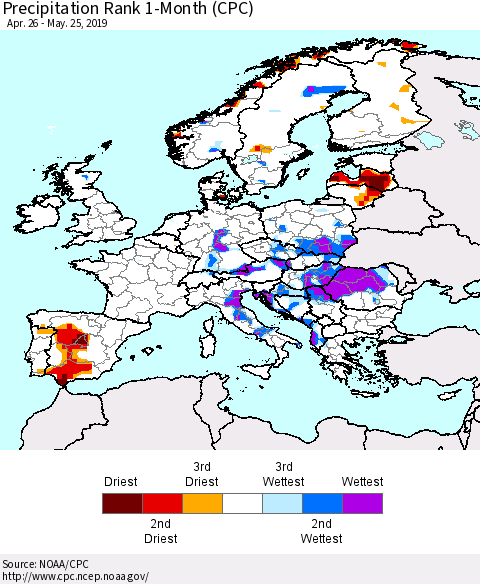 Europe Precipitation Rank since 1981, 1-Month (CPC) Thematic Map For 4/26/2019 - 5/25/2019
