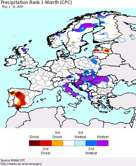 Europe Precipitation Rank 1-Month (CPC) Thematic Map For 5/1/2019 - 5/31/2019