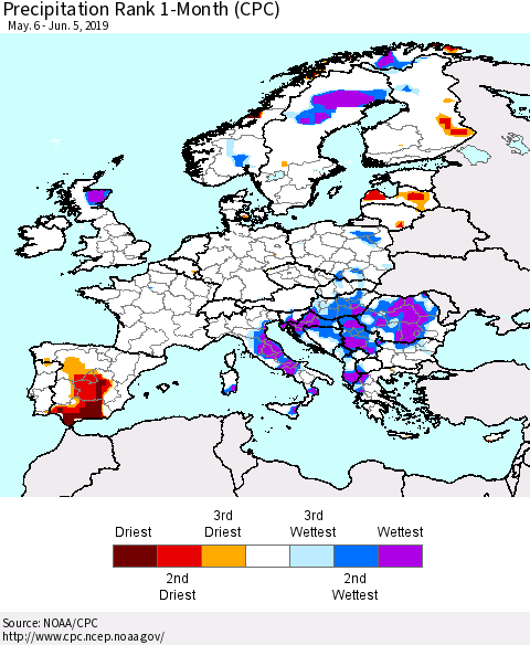 Europe Precipitation Rank 1-Month (CPC) Thematic Map For 5/6/2019 - 6/5/2019