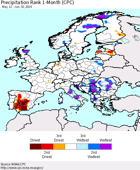 Europe Precipitation Rank 1-Month (CPC) Thematic Map For 5/11/2019 - 6/10/2019