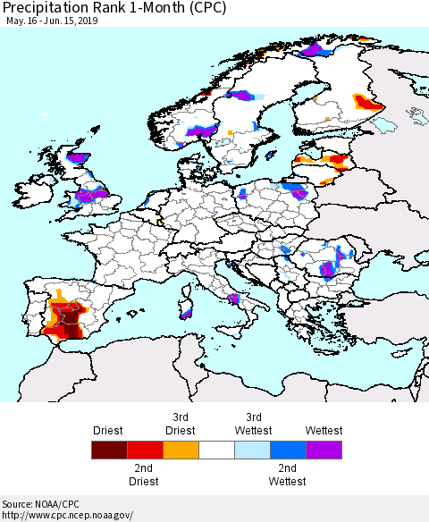 Europe Precipitation Rank since 1981, 1-Month (CPC) Thematic Map For 5/16/2019 - 6/15/2019