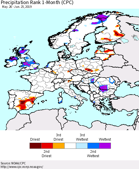 Europe Precipitation Rank 1-Month (CPC) Thematic Map For 5/26/2019 - 6/25/2019