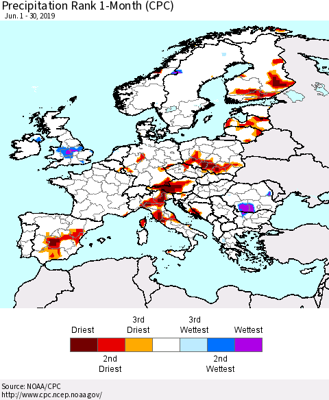 Europe Precipitation Rank 1-Month (CPC) Thematic Map For 6/1/2019 - 6/30/2019