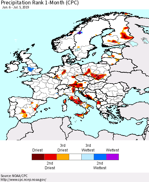 Europe Precipitation Rank since 1981, 1-Month (CPC) Thematic Map For 6/6/2019 - 7/5/2019