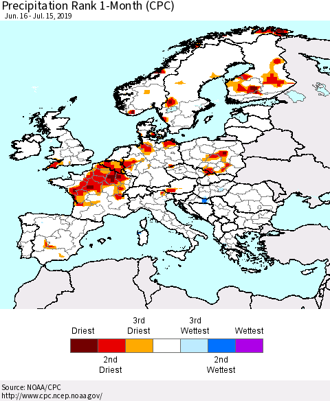 Europe Precipitation Rank 1-Month (CPC) Thematic Map For 6/16/2019 - 7/15/2019