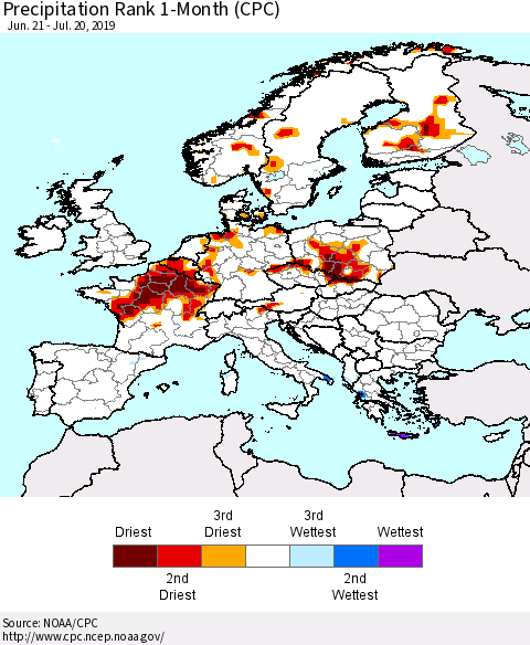 Europe Precipitation Rank 1-Month (CPC) Thematic Map For 6/21/2019 - 7/20/2019