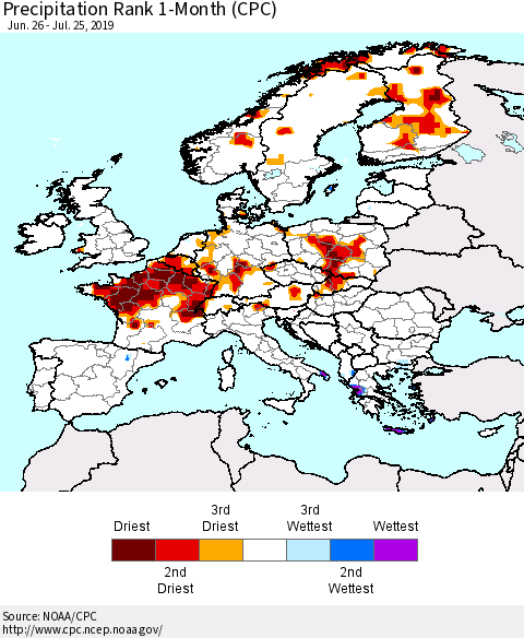Europe Precipitation Rank 1-Month (CPC) Thematic Map For 6/26/2019 - 7/25/2019