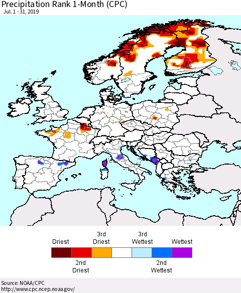 Europe Precipitation Rank 1-Month (CPC) Thematic Map For 7/1/2019 - 7/31/2019