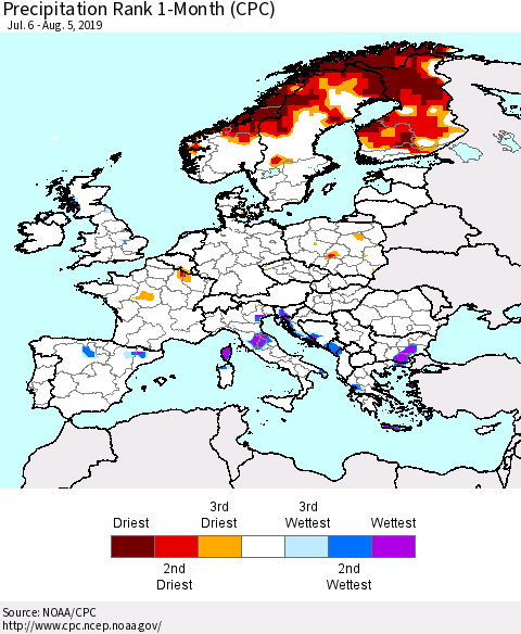 Europe Precipitation Rank 1-Month (CPC) Thematic Map For 7/6/2019 - 8/5/2019