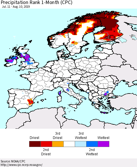 Europe Precipitation Rank 1-Month (CPC) Thematic Map For 7/11/2019 - 8/10/2019