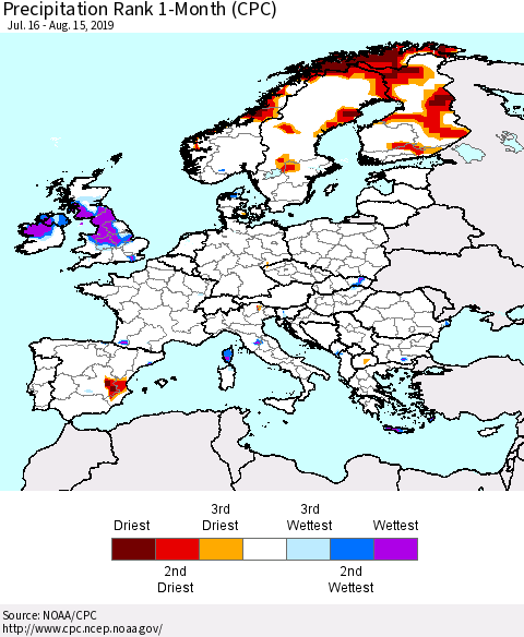 Europe Precipitation Rank 1-Month (CPC) Thematic Map For 7/16/2019 - 8/15/2019