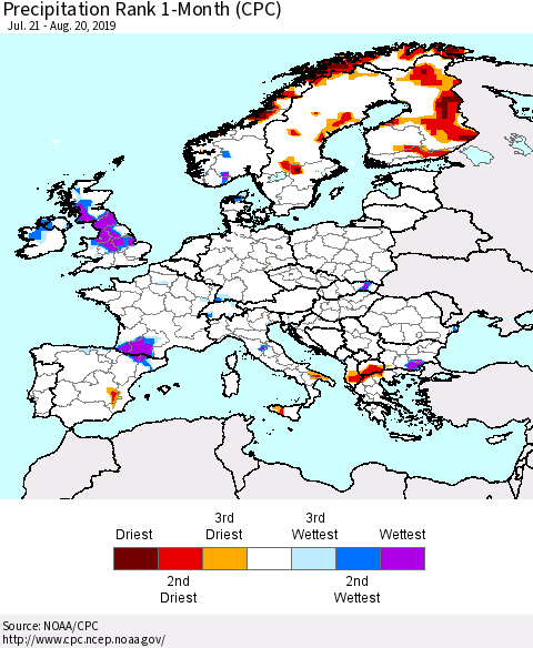 Europe Precipitation Rank 1-Month (CPC) Thematic Map For 7/21/2019 - 8/20/2019