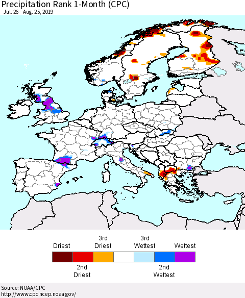 Europe Precipitation Rank since 1981, 1-Month (CPC) Thematic Map For 7/26/2019 - 8/25/2019