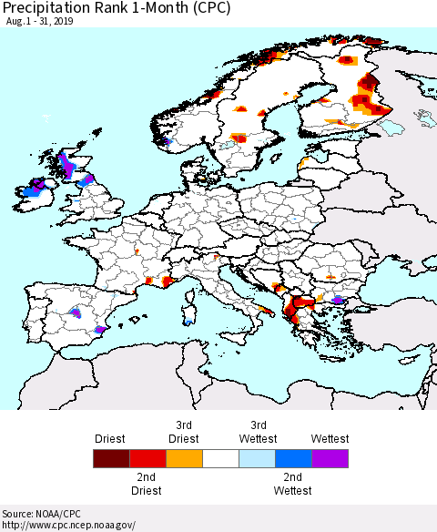 Europe Precipitation Rank 1-Month (CPC) Thematic Map For 8/1/2019 - 8/31/2019