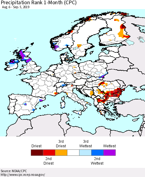 Europe Precipitation Rank 1-Month (CPC) Thematic Map For 8/6/2019 - 9/5/2019