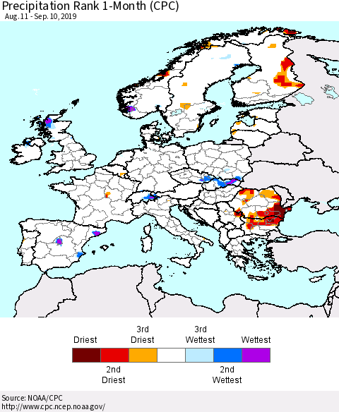 Europe Precipitation Rank 1-Month (CPC) Thematic Map For 8/11/2019 - 9/10/2019