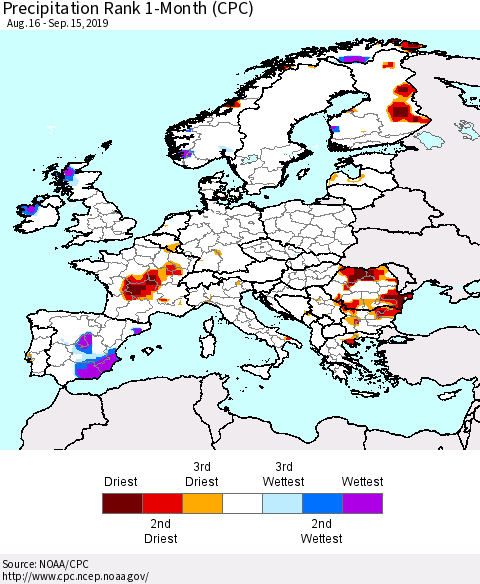 Europe Precipitation Rank since 1981, 1-Month (CPC) Thematic Map For 8/16/2019 - 9/15/2019