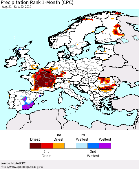 Europe Precipitation Rank 1-Month (CPC) Thematic Map For 8/21/2019 - 9/20/2019