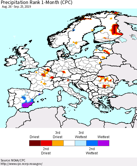 Europe Precipitation Rank 1-Month (CPC) Thematic Map For 8/26/2019 - 9/25/2019