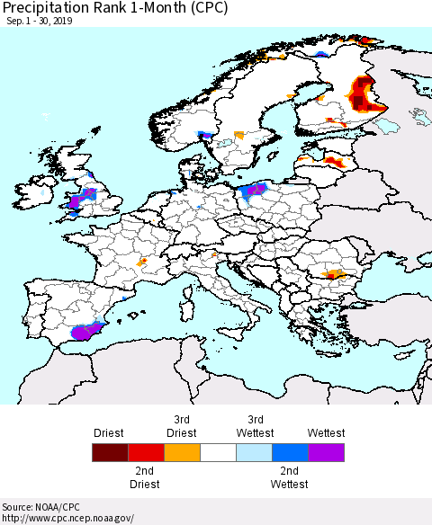 Europe Precipitation Rank 1-Month (CPC) Thematic Map For 9/1/2019 - 9/30/2019