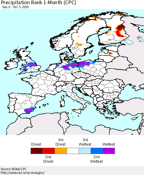 Europe Precipitation Rank since 1981, 1-Month (CPC) Thematic Map For 9/6/2019 - 10/5/2019